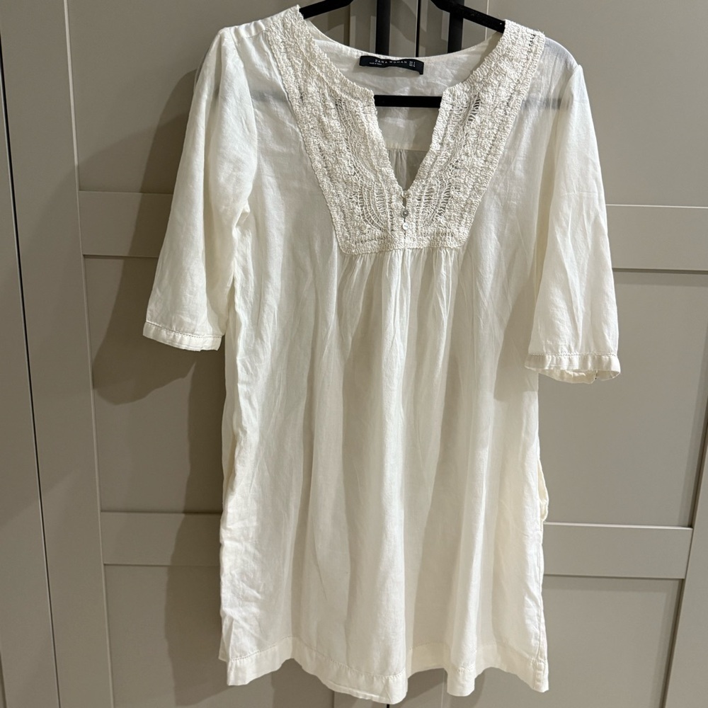 Zara White Tunic linen Dress with crochet